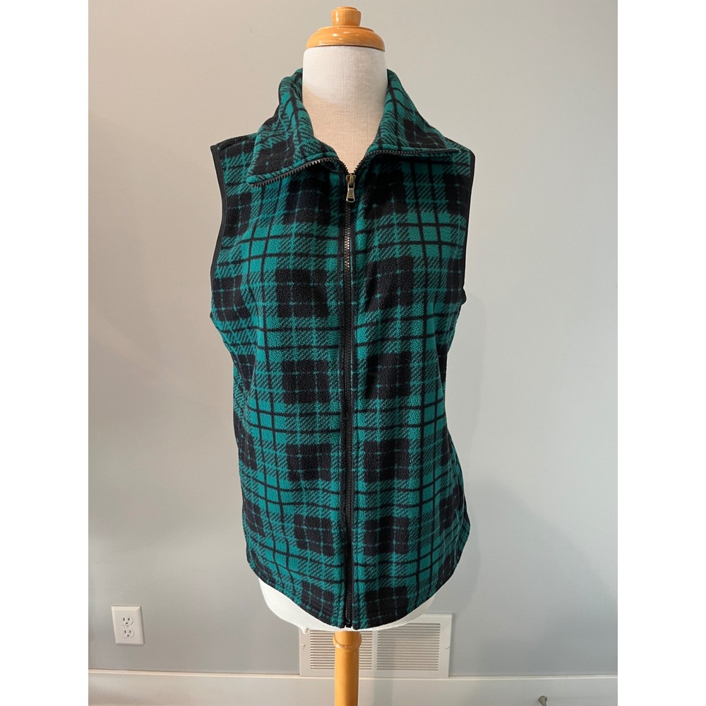 Chaps Womens Teal‎ Black Plaid Fleece Full Zip Vest Stand Collar Medium